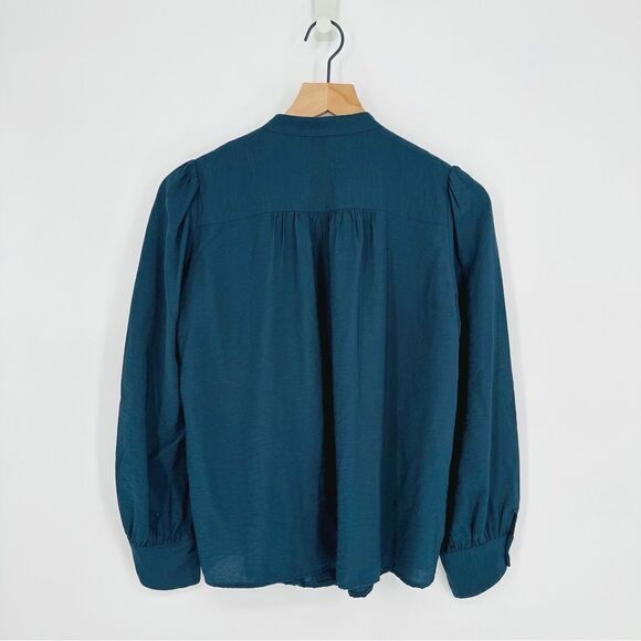 Ba&sh Laure Pintuck Button Front Shirt Puff Sleeve Crochet Trim Blue Women's XS - Picture 6 of 7